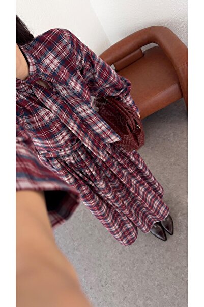 HAZELANNA Yaka Fiyonklu Bordo Ekoseli Elbise