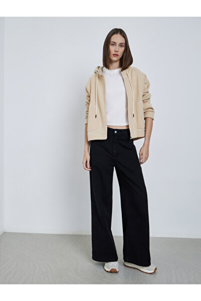 Styli Beige Zip-Up Hooded Jacket with Overlock Seam