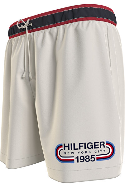 Tommy Hilfiger Men Ivory Polyester Medium Drawstring Swim Trunk