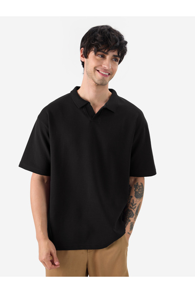 The Souled Store By Styli Men Black Textured Knit Oversized Polo