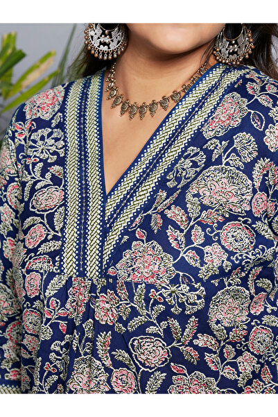 Globus By Styli Plus Size Blue All Over Floral Print Workwear Kurta