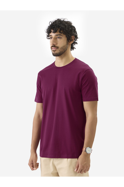 The Souled Store By Styli Men Burgundy Plain Interlock Cotton T-Shirt