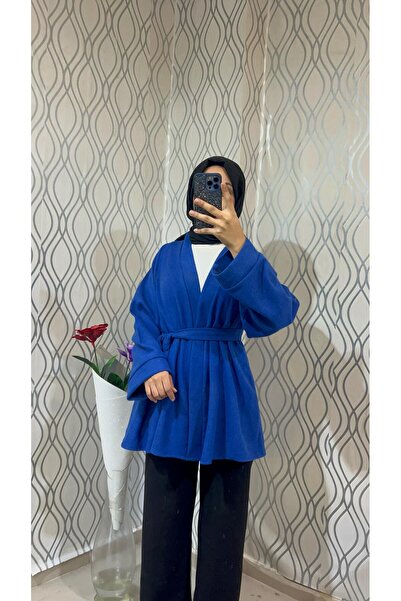 DİLEKBUTİK Cobalt Blue Unlined Kaşe Winter Kimono