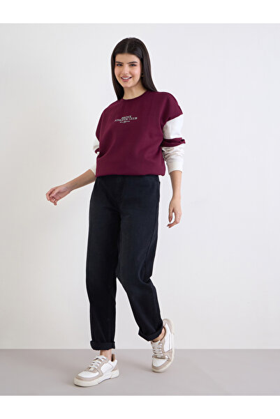 Styli Burgundy Color Block Oversized Sweatshirt