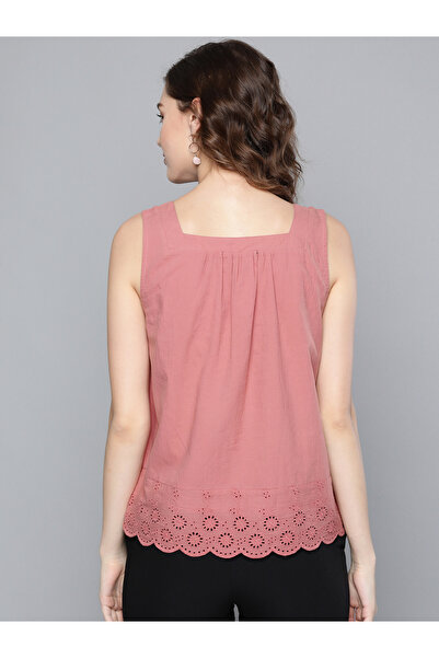 Sassafras By Styli Women Pink Schiffli Detail Square Neck Top