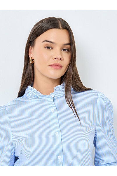 Take Two By Styli Blue Striped Ruffle Collar Shirt