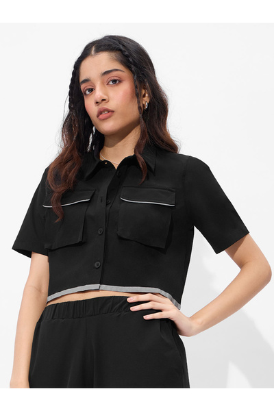 The Souled Store By Styli Black Crop Shirt with Flap Pocket