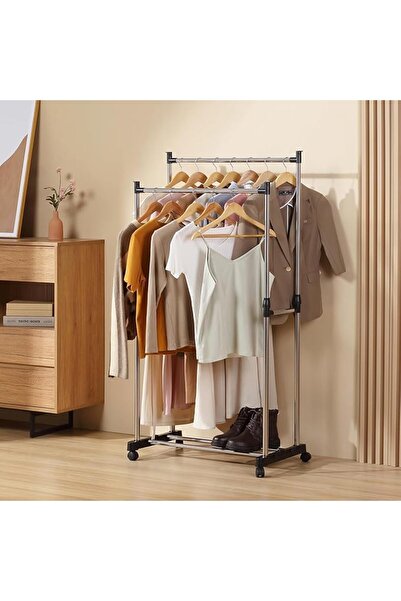 Lawazim Double Stainless Steel Clothing Rack – Space-Saving Stand with Shoe Organizer, Silver