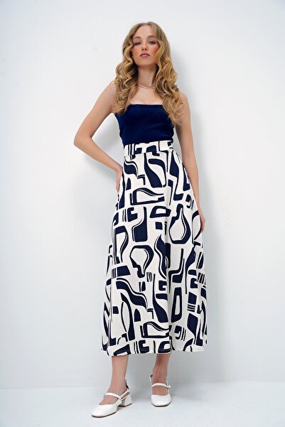 Trend Alaçatı Stili Women's Navy Blue Tie-Dye Patterned Elastic Waist Comfortable Fit Skirt Alc-X13352