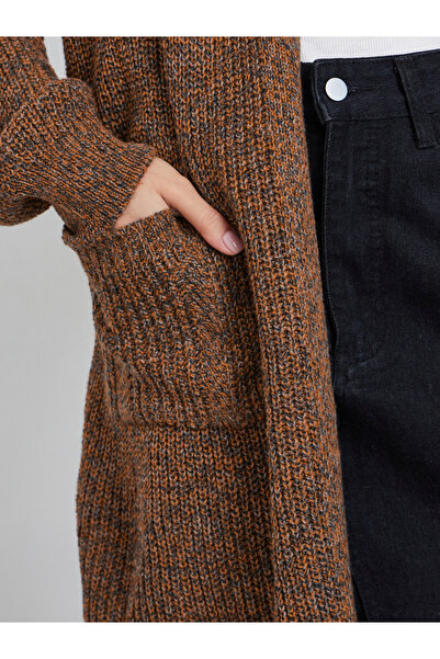 Styli Coffee Brown Longline Multi Yarn Knit Cardigan