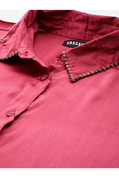 Sassafras By Styli Women Pink Embellished Collar Satin Longline Shirt