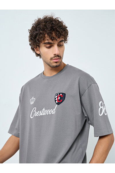 Styli Men Grey Front Chest and Sleeve Print Oversized T-Shirt