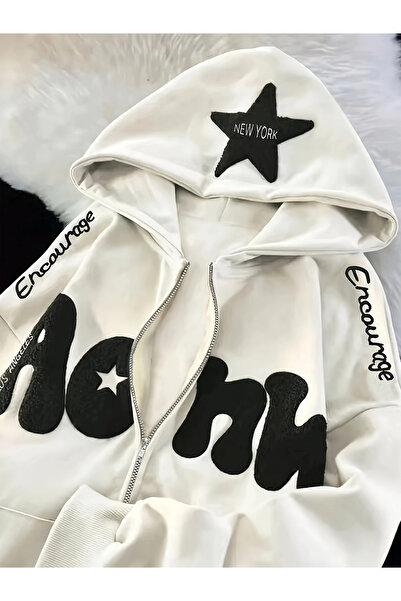 Take Two By Styli White Graphic Patch Detail Hooded Jacket