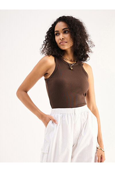 Sassafras By Styli Women Brown Ribbed Sleeveless Round Neck Top