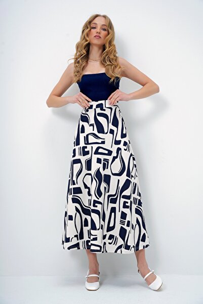 Trend Alaçatı Stili Women's Navy Blue Tie-Dye Patterned Elastic Waist Comfortable Fit Skirt Alc-X13352