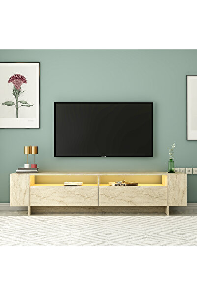 Betroya Lento Tv Ünitesi Sehpası Traverten Led Işıklı 2 Kapaklı Raflı