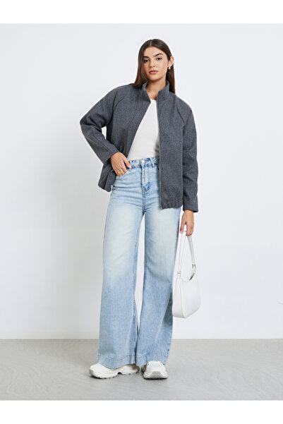 Styli Women Grey Solid High Neck Oversized Coat