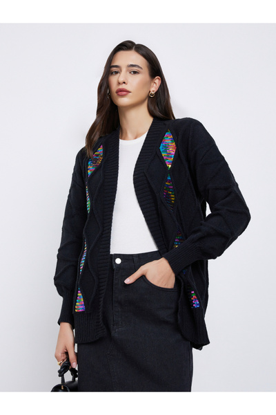 Take Two By Styli Black Front Open Sequined Cardigan