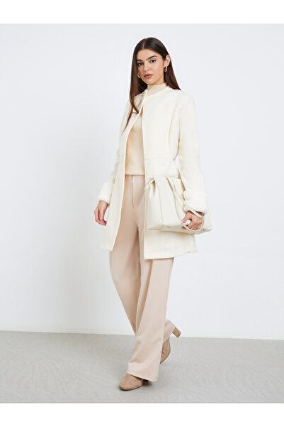 Styli Off White Longline Wool Like Coat with Faux Fur Detail