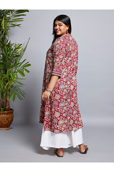 Globus By Styli Plus Size Maroon Floral Print Workwear Kurta