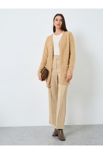 Take Two By Styli Khaki Furry Knit Longline Cardigan