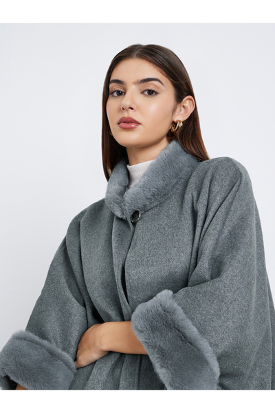 Styli Grey Faux Fur Trim Oversized Cape Coat