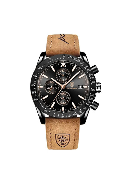 POEDAGAR Ανδρικό Ρολόι Χειρός Χρονογράφος Quartz Business Γνήσιο Δέρμα Καφέ Μαύρο