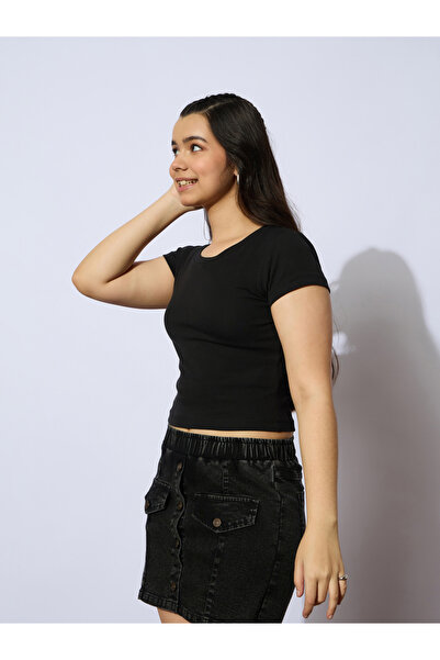 NOH-VOH By Styli Black Ribbed Short Sleeve Top