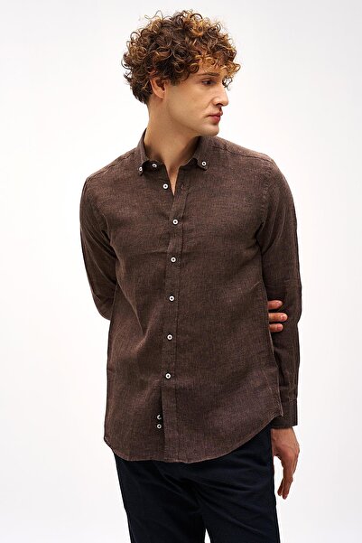 İgs Кафе Динамична кройка с копчета, гладка яка, дълги ръкави, без джобове, 100% ленена риза