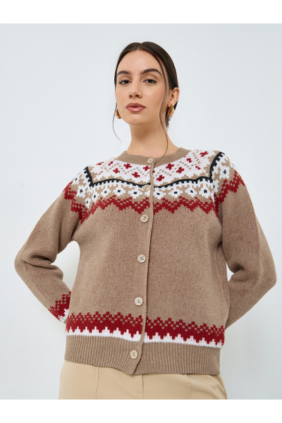 Take Two By Styli Brown Regular Fit Patterned Knit Cardigan