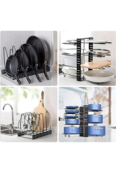 Generic Eesyy 8-Layer Adjustable Pot & Lid Rack with U-Shaped Groove, Self-Assembly, Black Iron