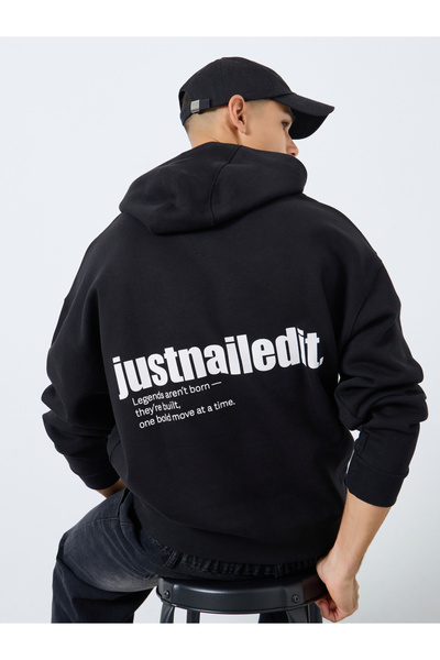 Styli Black Oversize Fit Back Slogan Print Hoodie