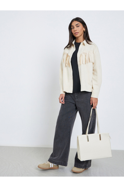 Styli Cream Tassel Trim Suede Look Shirt