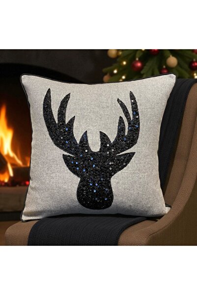 Leila Home and Living Gri siyah payetli Geyik yılbaşı temalı kırlent kılıfı