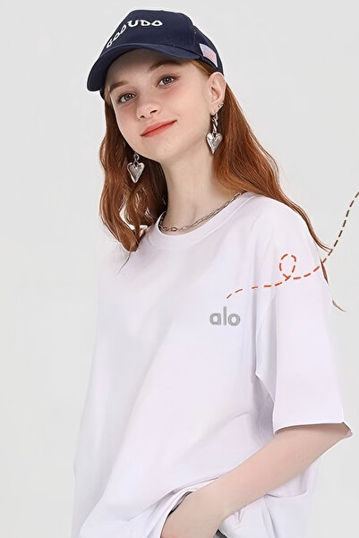 Alo Loose T-shirt-Round Neck Short Sleeve-Summer Short Sleeve (White)