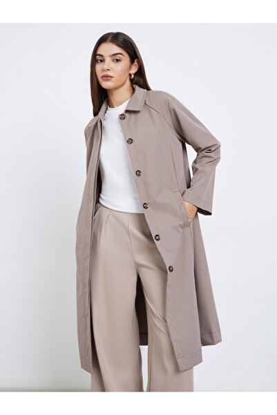 Styli Beige Oversized Button-Front Trench Coat