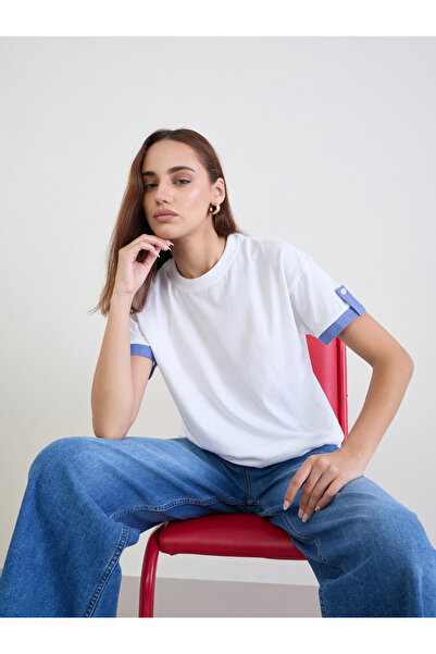 Styli White Cotton T-Shirt with Blue Cuff Detail
