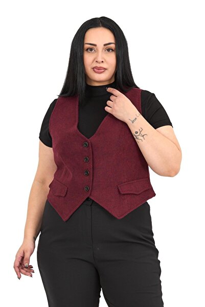 DISENTIS MODEST Plus Size Button Closure Pocket Flap Lined Short Cashmere Burgundy Vest