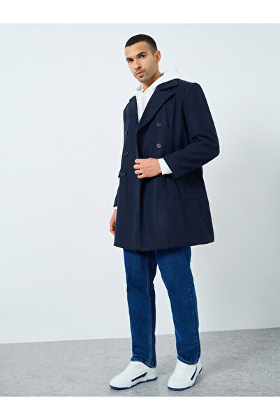 Styli Men Navy Oversized Double Breasted Wool Like Coat