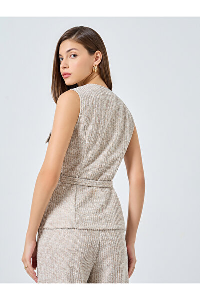 Styli Beige Tweed Belted Waistcoat with Flap Detail