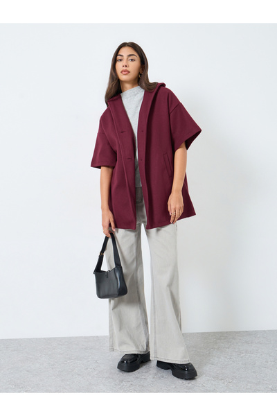 Styli Burgundy Oversized Longline Hooded Cape Coat