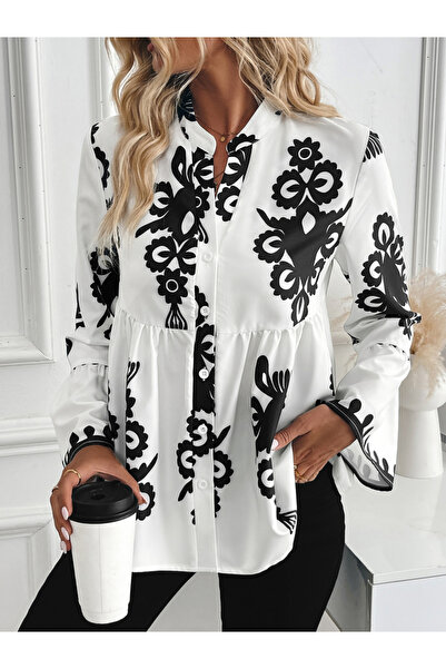 Take Two By Styli Floral Print Ruffle Hem Button Front Top