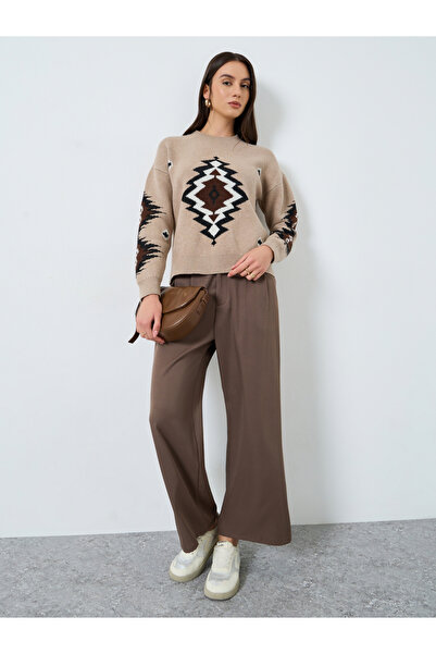 Take Two By Styli Beige Tribal Pattern Knit Sweater