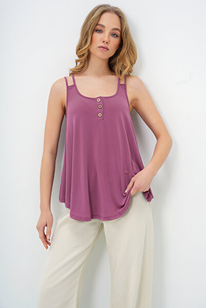 Trend Alaçatı Stili Kadın Gül Kurusu U Yaka Çapraz Askılı Düğme Detaylı Sandy...