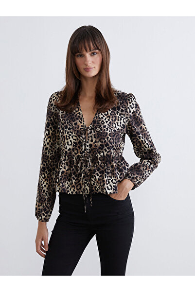 LC Waikiki LCW Vision Черна блуза с V-образно деколте и леопардов принт