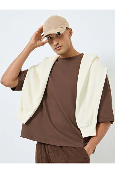 Styli Men Khaki Solid Boxy Fit Crew Neck T-Shirt