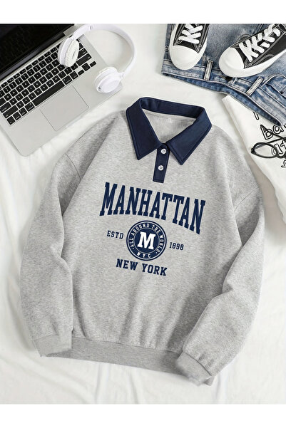 Take Two By Styli Grey Manhattan Print Polo Neck Sweatshirt