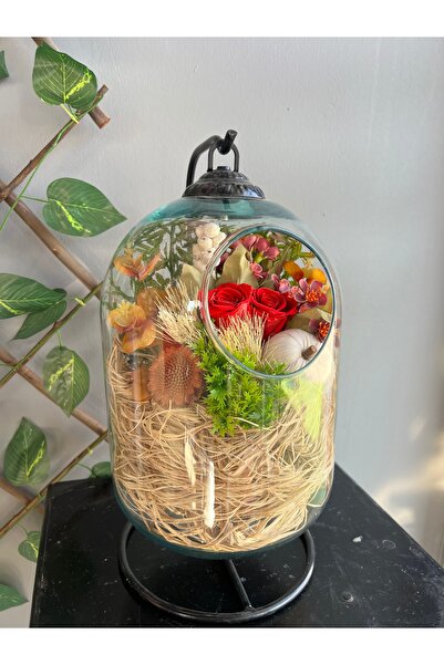 ciceksanat Büyük boy dekoratif cam fanus içinde Kırmızı güller kuru çiçekler ...