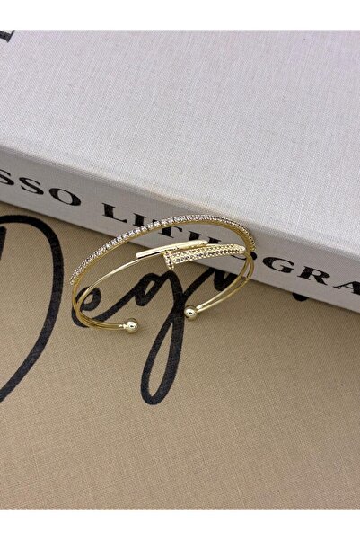 Hedef Bijuteri Gold Color Adjustable Two Row Zircon Stone Nail Detailed Bracelet