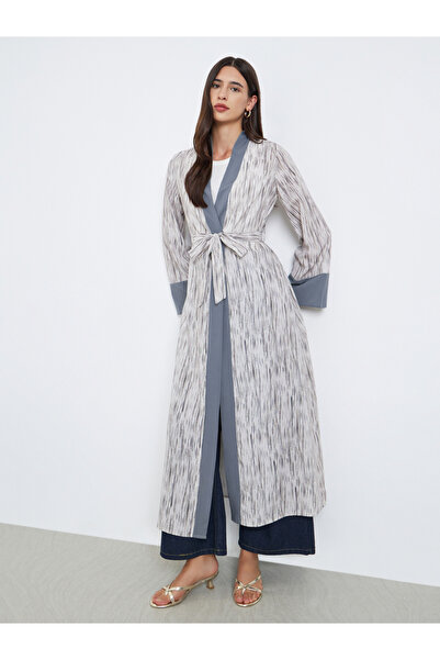 Take Two By Styli Contrast Trim Printed Kimono with Tie Belt